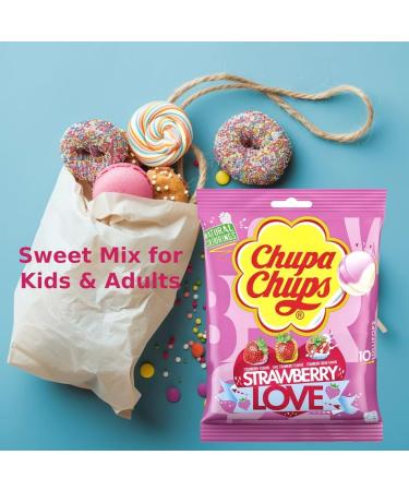 Chupa Chups Strawberry Love Lollipops Bulk Sweets for Party Bags 3 Assorted Flavour Lollies Sweet Bulk Pink Lollypops Mix for Sweet Sharing Chupa Chup Party Sweet Lolly 3x10 pack + Cheeroo Magnet - Buy Online on GoSupps.com