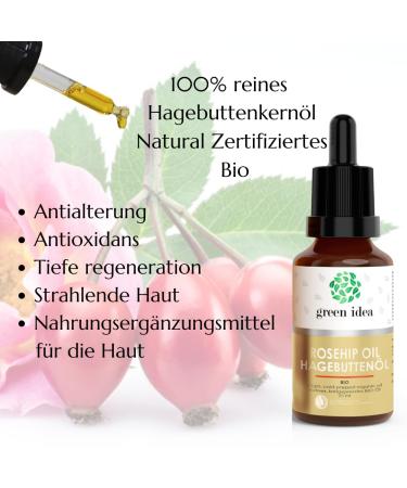 Buy Green Idea Organic Rosehip Kernel Oil - 100% Pure Cold Pressed Anti-Aging & Acne Treatment | Natrue Certified | 25ml Glass Bottle - Buy Online on GoSupps.com