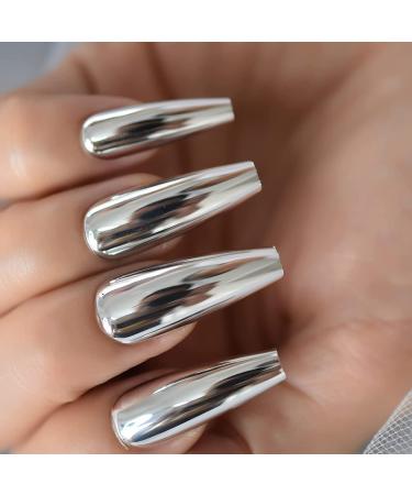 Silver Punk Metallic Press On False Nails - Long Coffin Ballerina Chrome Mirror Fake Nails - Full Cover Acrylic Nail Tips with Glue Tape - Women/Girls - L5883-1 - Buy Online on GoSupps.com