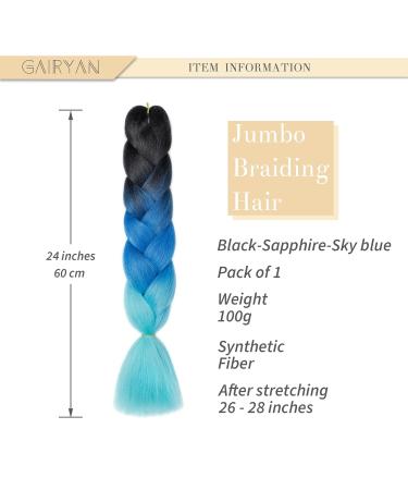 Gairyan Jumbo Braids Extensions - Ombre Synthetic 60cm 100g Hair for Box Crochet - Black Sapphire & Sky Blue - Buy Online on GoSupps.com