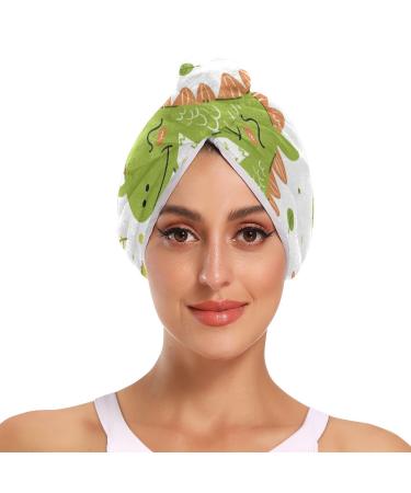 Green Dinosaurs Kiwi Fruit Hair Towel 2 Pack Super Absorbent Hair Drying Towel Quick Dry Hair Turbans Head Towel with Button Twisty Wrap for Women Girls