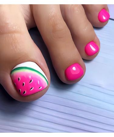 Morily Real Short Fake Toe Nails - Hot Pink Press on Toenails with Watermelon Designs Square Shaped False Acrylic Toenail Kit Glossy Beach Full Cover Toes Nail for Women - 28Pcs in 14 Sizes Hot Pink Watermelon