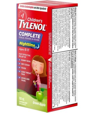 TYLENOL Children s Complete Cold Cough & Fever Suspension Liquid Nighttime Relieves Cough Cold & Fever symptoms 100mL Green Apple Flavour For ages 6-11yrs - Buy Online on GoSupps.com