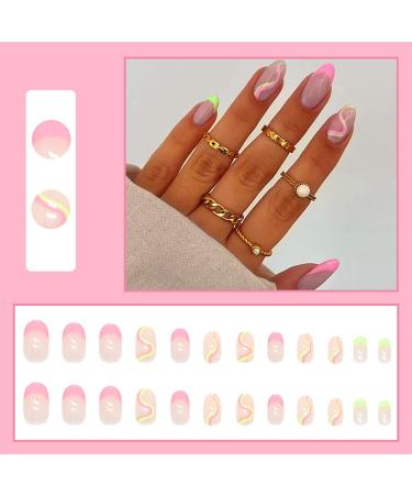 24Pcs Short Pink Swirl Oval Acrylic French Press on Nails - Glossy Fake Nails with Cute Designs for Women - Buy Online on GoSupps.com