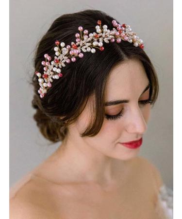 IYOU Pearl Wedding Hair Vine Pink Leaf Bridal Headband Crystal Bridesmaid Bride Hair Piece Accessories for Women(Gold) - Buy Online on GoSupps.com