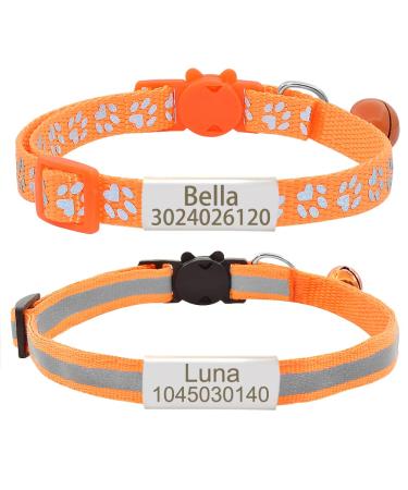 Senristar personalized 2 pack of reflective cat collar custom breakaway cat collars with name shield and bell anti-losing name tag cat collar for girls & boys neck: 20-28 cm orange