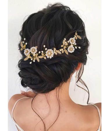 Edary Bride Wedding Hair Vine Gold Flower Hair Accessories Bridal Pearl Headband Crysal Leaf Headpiece for Women and Girls - Buy Online on GoSupps.com