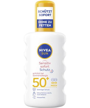 NIVEA SUN NIVEA SUN Sensitiv Instant Sun Spray SPF 50+ Sun Milk SPF 50+ for Sensitive Skin Waterproof Sun Protection and Fragrance Free for Sun Allergy (200ml)