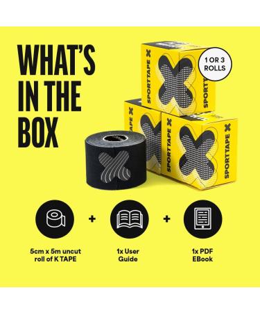 Pack of 3 Rolls - SPORTTAPE Kinesiology Tape - 5m Roll - Black | Physio & Sports Injury Muscle Tape for Shoulder Knee Ankle Shin Splints Support. Waterproof & Hyopallergenic Kinetic Sports Tape Black 3 Rolls - Buy Online on GoSupps.com