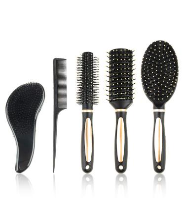 5 Pieces Hair Brush Set Detangling Brush Paddle Brush Round Hair Brush Tail Comb Wet Dry Brush for Women Men Hair Styling (Black)