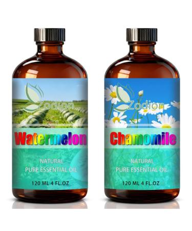 Chamomile Essential Oil 4 Fl Oz and Watermelon Essential Oil 4 Fl Oz - Chamomile & Watermelon Oil for Diffuser Aromatherapy Home Fragrance Skin & Hair Care DIY Candle & Soap Making Yoga