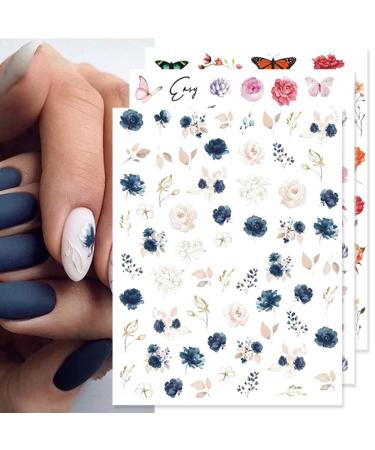 Flower Nail Stickers Daisy Floral Nail Decals 6 Sheets Colorful Cherry Blossom Nail Art Stickers 3D Self-Adhesive Nail Art Supplies Summer Flowers Butterflies Leaves Nail Stickers for Acrylic Nails