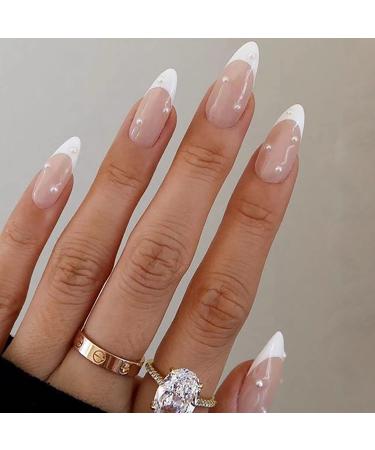 White French Tip Press on Nails Medium Almond Acrylic Fake Nails Nude Full Cover False Nails with Pearl Designs Artificial Glue on Nails Glossy Stick on Nails for Women Girls Nail Art Decorations Almond Style11