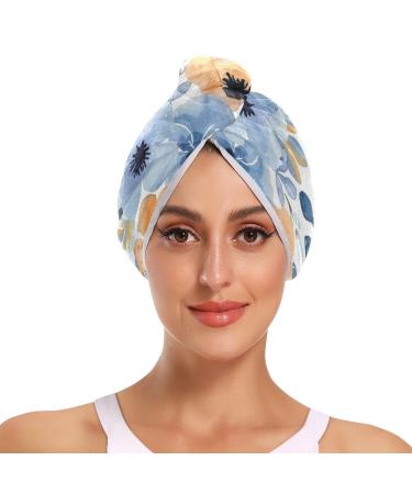 Watercolor Blue Beige Flower Hair Towel 2 Pack Super Absorbent Hair Drying Towel Quick Dry Hair Turbans Head Towel with Button Twisty Wrap for Women Girls
