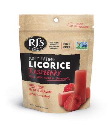 Soft Eating Raspberry Licorice - RJ's Licorice 7.05oz Bag - NON-GMO, NO HFCS, Vegetarian & Kosher - Batch Made in New Zealand