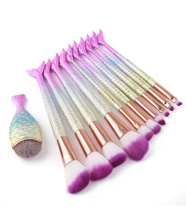 Mermaid Makeup Brushes, 11pcs Professional Blending Blush Concealer Synthetic Fiber Bristles Brush Special Cosmetic Brushes Kits for Women(purple) Yellow & purple