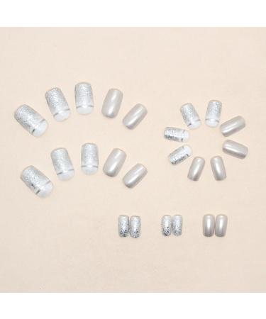 24Pcs Silver Glitter Short Square False Nails | Press On French Tips with Glue Stickers | Glossy Fake Nails for Women Girls | Nail Art Accessories - Buy Online on GoSupps.com