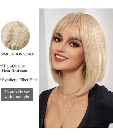 OUFEI Blonde Bob Wig With Bangs Short Straight Wig For Women Synthetic Hair Wigs for Daily Party Cosplay Wear Blonde(1032-1) - Buy Online on GoSupps.com