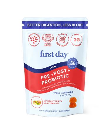 FIRST DAY 3 in 1 Probiotics for Men - Prebiotic, Probiotic & Postbiotic Supplement Mens Probiotic for Digestive Health, Oral Health, Immune Function, Energy, Gut Health for Men 30-Day Supply Pouch 60 Count (Pack of 1)