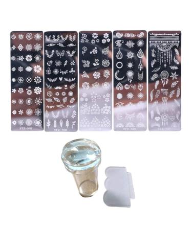 Frcolor 7 pieces of nail stamps set nail stamp and scrapers nail stamp with leaves Flowers Animals Image plates for DIY nail decoration (5 pieces of nail art stamp plate + 1 piece