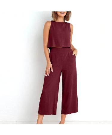 Women's Linen Two Piece Set - Crop Tank Top & Wide Leg Pants - Watermelon Red - Size Medium - Buy Online on GoSupps.com