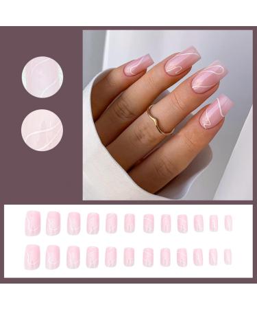 Justotry 24 Pcs White Swirl Press on Nails Medium Designs - Glossy Pink False Nails with Nail Glue - French Stick on Nails for Women, Teens, and Girls - Squoval Fake Nails for Nail Art - Buy Online on GoSupps.com