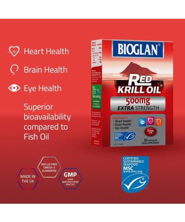 Bioglan Red Krill Oil Extra Strength 500mg - Omega-3 Fish Oil for Heart, Eye & Brain - 30 Capsules - Buy Online on GoSupps.com