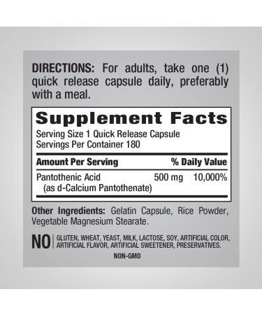Piping Rock Pantothenic Acid 500mg | 180 Capsules - Non-GMO & Gluten-Free Supplement - Buy Online on GoSupps.com
