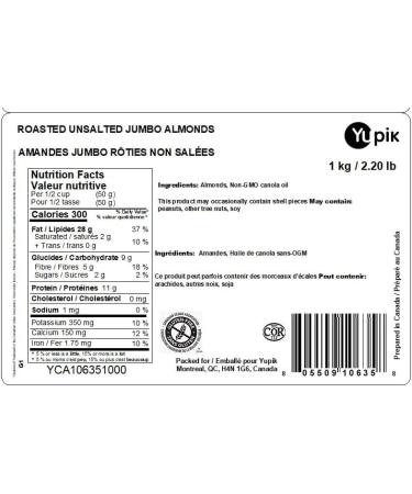 Yupik Roasted Unsalted Jumbo Almonds 1 kg Kosher Gluten-Free Large Almonds Crunchy Nuts Lightly Roasted No Added Salt Source of Fiber & Protein Savory Snacks - Buy Online on GoSupps.com