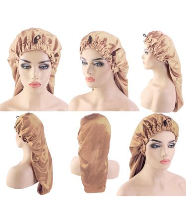 Shop Ladaypoa 2 Piece Long Satin Hair Hood - Silky Sleeping Hat for Curly Hair Protection | Extra Big Satin Sleeping Cap for Women - Black & Khaki - Buy Online on GoSupps.com