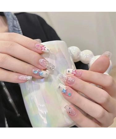 Sweet and Spicy Wind Explosive Sparkling Pink Blue Star Water Diamond Nail Patch Handmade Wear Nail Patch False Nail Patch Detachable(M) - Buy Online on GoSupps.com