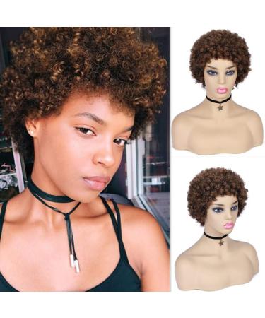 WIGER Afro Kinky Curly Wig Human Hair for Black Women Short Medium Brown Afro Wigs Curly Human Hair Wig for African American 6.5 Inch 30#