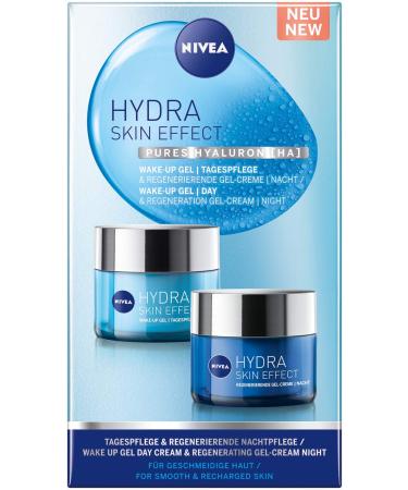 Nivea Hydra Skin Effect Daily + Night Care Set Wake-up gel and regenerating gel cream day care and night cream with pure hyaluron ha for 72h moisture 70 ml (1 Pack)