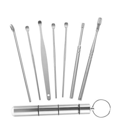 Ear Scoop 1 Set Ear Picking Spoon Set of 7 7 Piece Set Silver Stainless Steel Spring to Rotate Ear Wax Pick