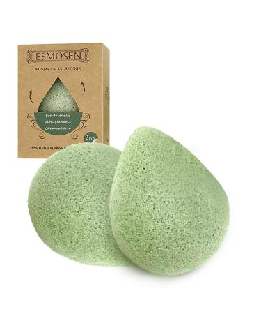 ESMOSEN 2 pc 100% Natural Green Tea konjac Facial sponges for deep face Cleansing and Gentle exfoliating  Safe for Delicate and Sensitive Skin