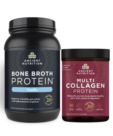Ancient Nutrition Bone Broth Protein Powder Vanilla 40 Servings + Multi Collagen Protein Powder Unflavored 45 Servings