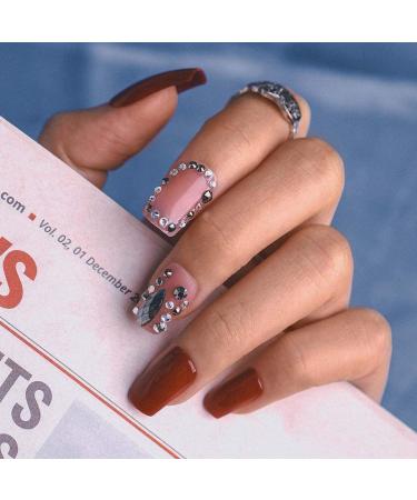 Sethexy medium glossy false fingernails red sparkle nails with glue space wrong nails glossy rhinestone nails to stick 24st acrylic art nail tips to press on for women and girls