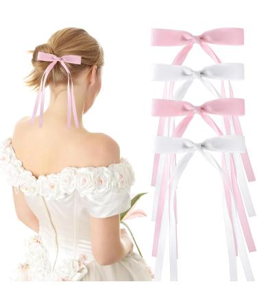 WLLHYF 4Pcs Tassel Ribbon Hair Clips Silky Satin Bows Hair Barrettes Long Tail Bowknot Ponytail Holder Metal Slides Claw Hair Valentine's Day Accessories for Women Girls Kids White+Pink - Buy Online on GoSupps.com