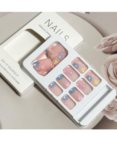 Spring Square Press on Nails - Pink False Nails with Floral Designs - 24PCS - Buy Online on GoSupps.com