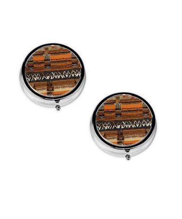 (African Mud Cloth Tribal) Round Pill Box 3 Compartment Pill Box Mini Decorative Pocket Purse Portable Travel Medicine Tablet Vitamin Holder Organizer Pill Case Black