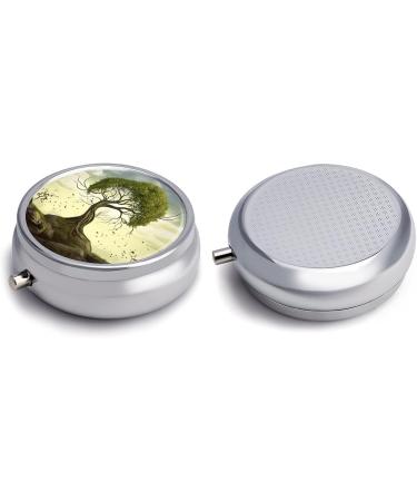 Round Pill Box with Trees Print - 3 Compartment Medicine Organizer - Decorative Metal Portable Pill Case | Style-18 - Buy Online on GoSupps.com