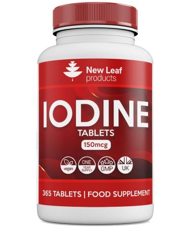 Iodine Tablets 150mcg 365 (1 Year Supply) Vegan High Strength Tablets Iodine Supplements Natural Source of Iodine from Potassium Iodide GMO Free GMP Made in UK by New Leaf 365 count (Pack of 1)