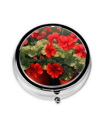 Red Geraniums Portable Metal Pill Box Round Mini 3-Compartment Plastic Insert hinged Fastening Design Suitable for Small Pills Must-Have for Travel