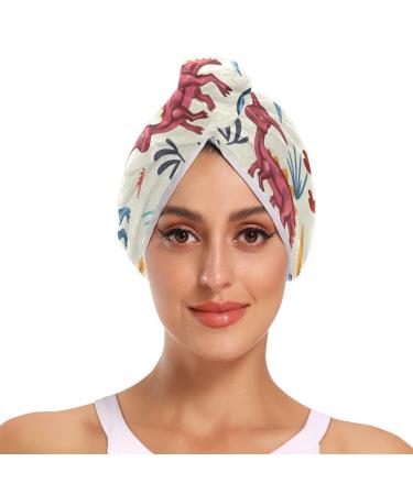 Cartoon Dinosaur Hair Towel 2 Pack Super Absorbent Hair Drying Towel Quick Dry Hair Turbans Head Towel with Button Twisty Wrap for Women Girls