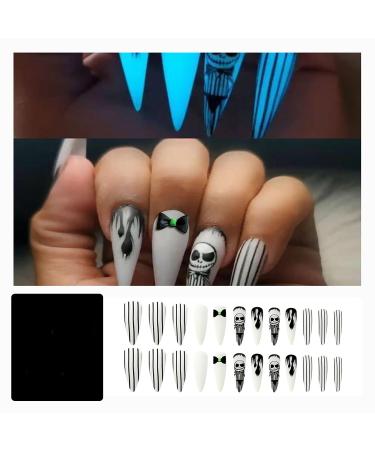 24 Pcs Halloween Press on Nails - White Stiletto Full Cover with Ghost Designs | Luminous Matte False Nails for Women & Girls - Buy Online on GoSupps.com