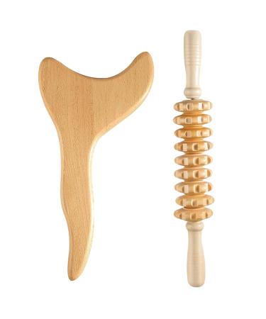 Wood massage tools for body shaping 2PCs wood therapy kit anti-cellulite lymphatic drainage massage integrating & 9-wheel wooden massage roller for legs back neck arms