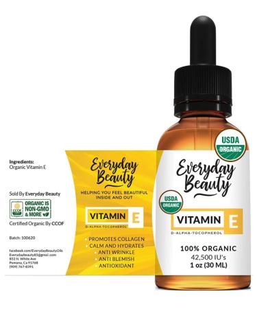 Organic Vitamin E Oil - D-Alpha Tocopherol USDA Certified 100% Pure and Natural 1 Fl Oz 42 500 IU - for Face  Skin and Nails - Reduce Wrinkles  Anti Aging  Lighten Dark Spots 1 Fl Oz (Pack of 1)