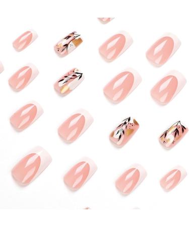 24pcs French False Nails Short - Almond Square Press On Nails - Full Cover Acrylic False Nails With Glue - White-Edged Leaves French Fake Nails for Women and Girls Nail Art - Buy Online on GoSupps.com