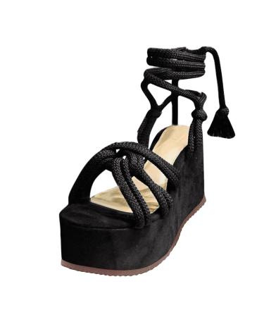 XTZYGLFD Women Summer Sandals with wedge heel breathable open tip women straps with heels and high -fashioned spring shoes with paragraph pantolettes black 9 UK