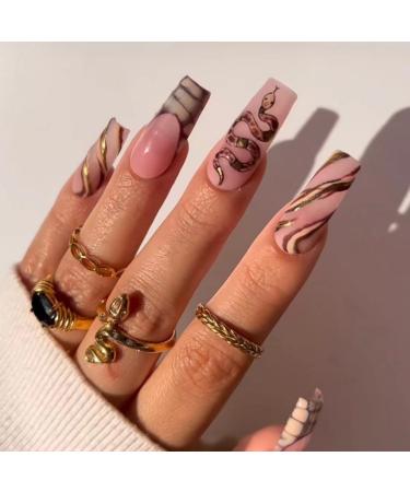 JUSTOTRY 24 Pcs Fake Nails Long with Snake White French Press on Nails Patterns Spider Medium Pink Ballerina Stick on Nails for Women Acrylic Coffin False Nails with Glue for Nail Art Snake&Ballerina1